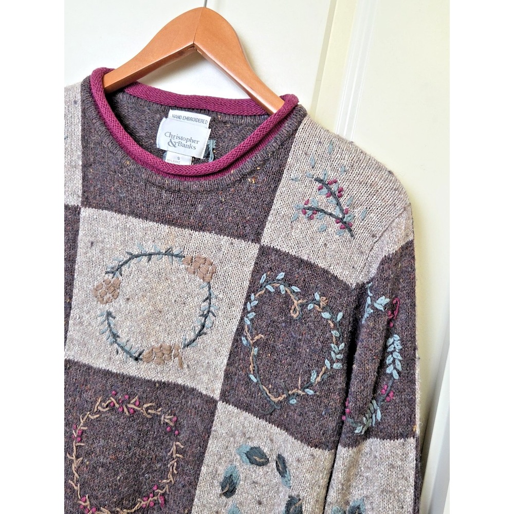 Vtg 2001 Hand Embroidered Sweater Hobbit Forest Cottage Christopher & Banks S